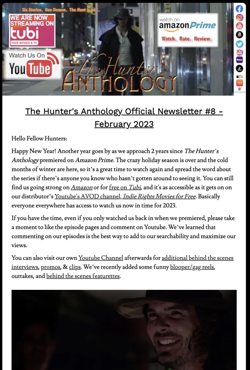 HunterAnthology's tweet photo. Check out our latest newsletter with #behindthescenes content &amp; info for #thehuntersanthology #tvseries
https://t.co/4tEiJ6gUzJ
#JoinTheHunt #watchitagain #whoisthedemon
#February2023 #tubi #AmazonPrime #youtubevideo #indierightsmoviesforfree #indierightsmovies #SupportIndieFilm https://t.co/UpOLlkYp04