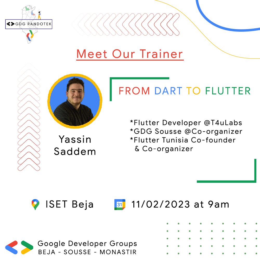 💟 Meet @saddemyassin1 who will hold the workshop 𝗙𝗿𝗼𝗺 𝗗𝗮𝗿𝘁 𝘁𝗼 𝗙𝗹𝘂𝘁𝘁𝗲𝗿 on the 𝟭𝟭𝘁𝗵 𝗼𝗳 𝗙𝗲𝗯𝗿𝘂𝗮𝗿𝘆 𝗮𝘁 𝗜𝗦𝗘𝗧 𝗕𝗲𝗷𝗮.
#gdgrandotek #Flutter #dart #Dartlang @ECOLE_PRIVEE @instadeepai @STB_labanque @tunisie_le