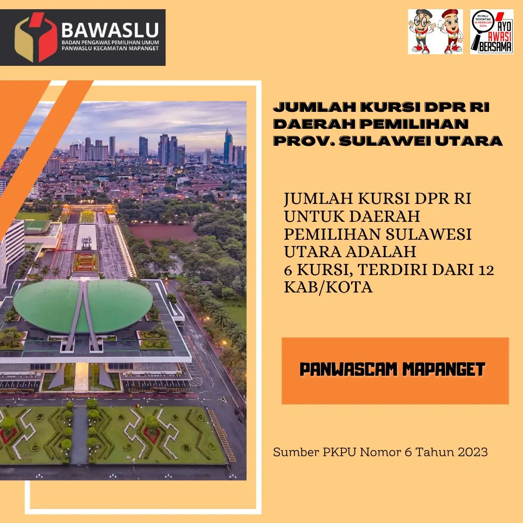 Panwas_Mapanget's tweet photo. Sahabat Panwascam, apakah sahabat panwascam sudah mengetahui jumlah kursi serta Daerah Pemilihan khususnya DPR RI, DPRD PROV SULUT dan DPRD Kab/Kota sesuai PKPU No 6 Tahun 2023? 
Geser kiri aja agar sahabat dapat mengetahui informasi trsbt
Salam awas ✊ 
#PemiluSerentak2024 https://t.co/yeXvlpepy4