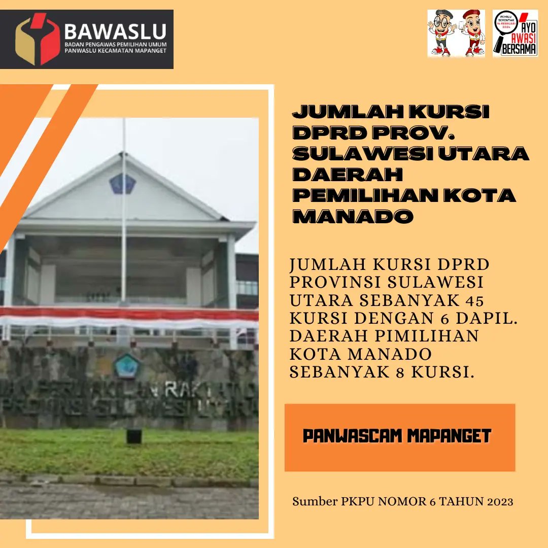 Panwas_Mapanget's tweet photo. Sahabat Panwascam, apakah sahabat panwascam sudah mengetahui jumlah kursi serta Daerah Pemilihan khususnya DPR RI, DPRD PROV SULUT dan DPRD Kab/Kota sesuai PKPU No 6 Tahun 2023? 
Geser kiri aja agar sahabat dapat mengetahui informasi trsbt
Salam awas ✊ 
#PemiluSerentak2024 https://t.co/yeXvlpepy4