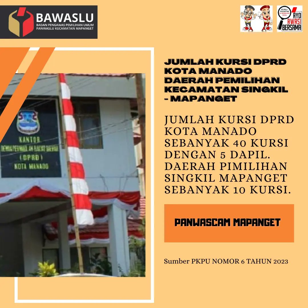 Panwas_Mapanget's tweet photo. Sahabat Panwascam, apakah sahabat panwascam sudah mengetahui jumlah kursi serta Daerah Pemilihan khususnya DPR RI, DPRD PROV SULUT dan DPRD Kab/Kota sesuai PKPU No 6 Tahun 2023? 
Geser kiri aja agar sahabat dapat mengetahui informasi trsbt
Salam awas ✊ 
#PemiluSerentak2024 https://t.co/yeXvlpepy4