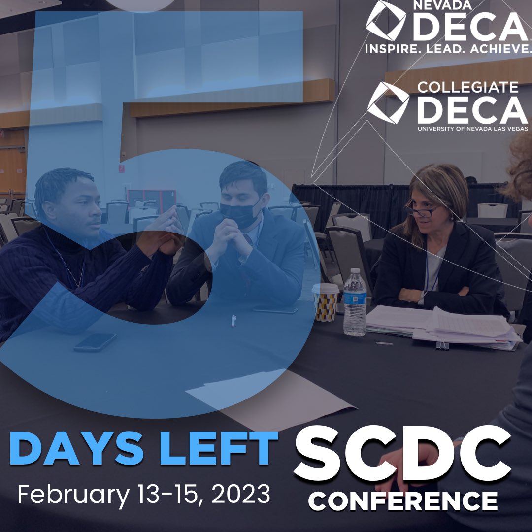 UNLVDECA's tweet photo. Just 5 more days until the High school Nevada DECA State Career Development Conference begins. We are excited to volunteer and see our fellow high school DECA members GET THE EDGE! #collegiatedeca #deca #gettheedge #nevadadeca #decascdc https://t.co/dWojycS9M9