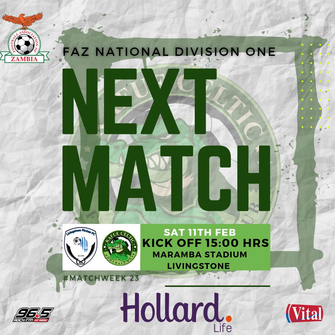KafueCelticFC's tweet photo. 🚨🐊NEXT MATCH🐊🚨

🆚 Livingstone Pirates Football Club 
🏟️ Maramba Stadium
📅 11/2/2023
🕒 15:00 HRS
📺 Facebook Live

#DrinkVital💧
#RockWithTheCrocsOnRockFM🎶
#TheCrocs🐊
#HollardLife | #EnablingBetterFutures https://t.co/qTQtDuKgRx