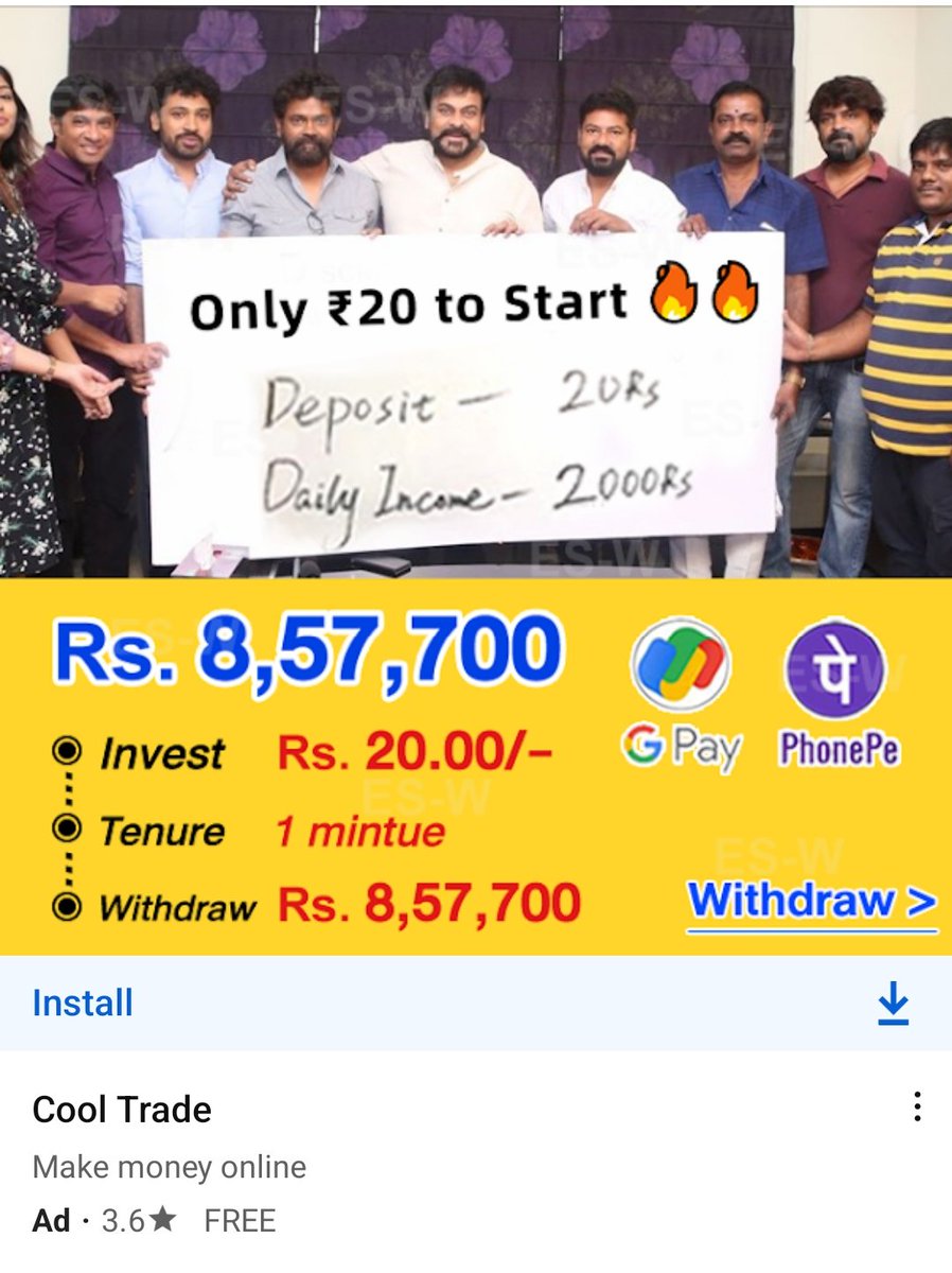 Why <a href="/GoogleAds/">Google Ads</a> failing to filter scams???
How can you approve such morphed photos in ads?? Your scam filter is failed. Update your policies <a href="/GoogleIndia/">Google India</a> 

Cc:
<a href="/GoI_MeitY/">Ministry of Electronics & IT</a>  ,<a href="/MIB_India/">Ministry of Information and Broadcasting</a> 

Scam app link
play.google.com/store/apps/det…