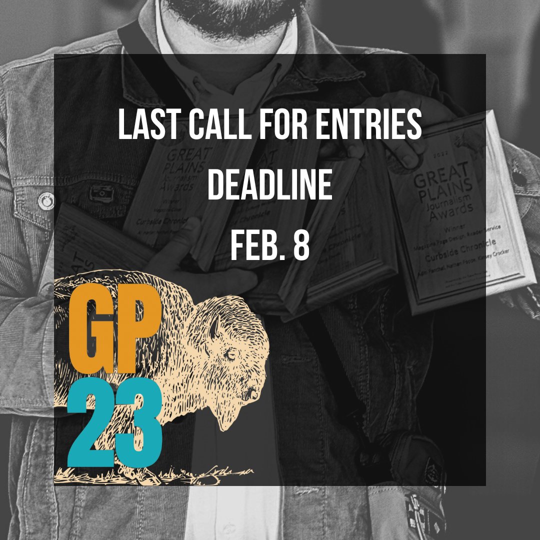 Today is the final deadline for GPJA entries! #journalismcontest #greatplains #oklahomamedia #arkansasmedia #nebraskamedia #missourimedia #kansasmedia #Iowamedia #northdakotamedia #southdakotamedia 
betternewspapercontest.com/2023GreatPlains