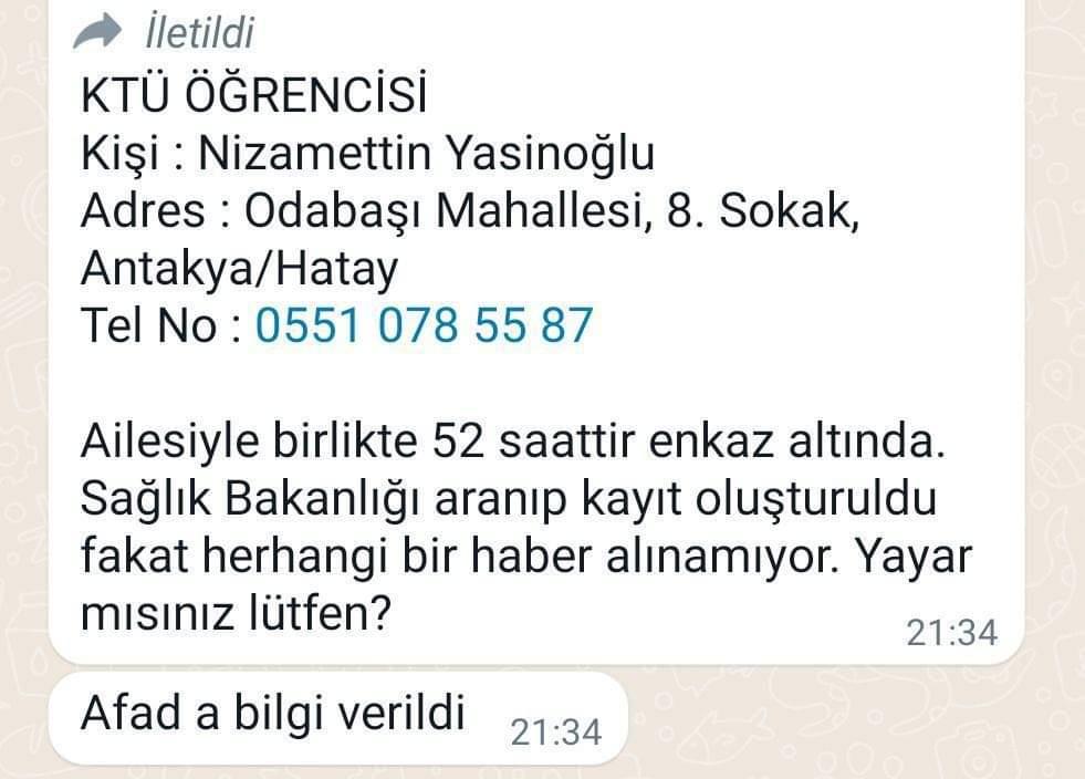 Lütfen yayalım hala haber alamadık 
<a href="/DepremDairesi/">AFAD Deprem</a> <a href="/AFADBaskanlik/">AFAD</a> <a href="/ahbap/">Ahbap</a> <a href="/BabalaTv/">BaBaLa TV</a> #depremsondakika #acildeprem #HelpTurkey #AFAD