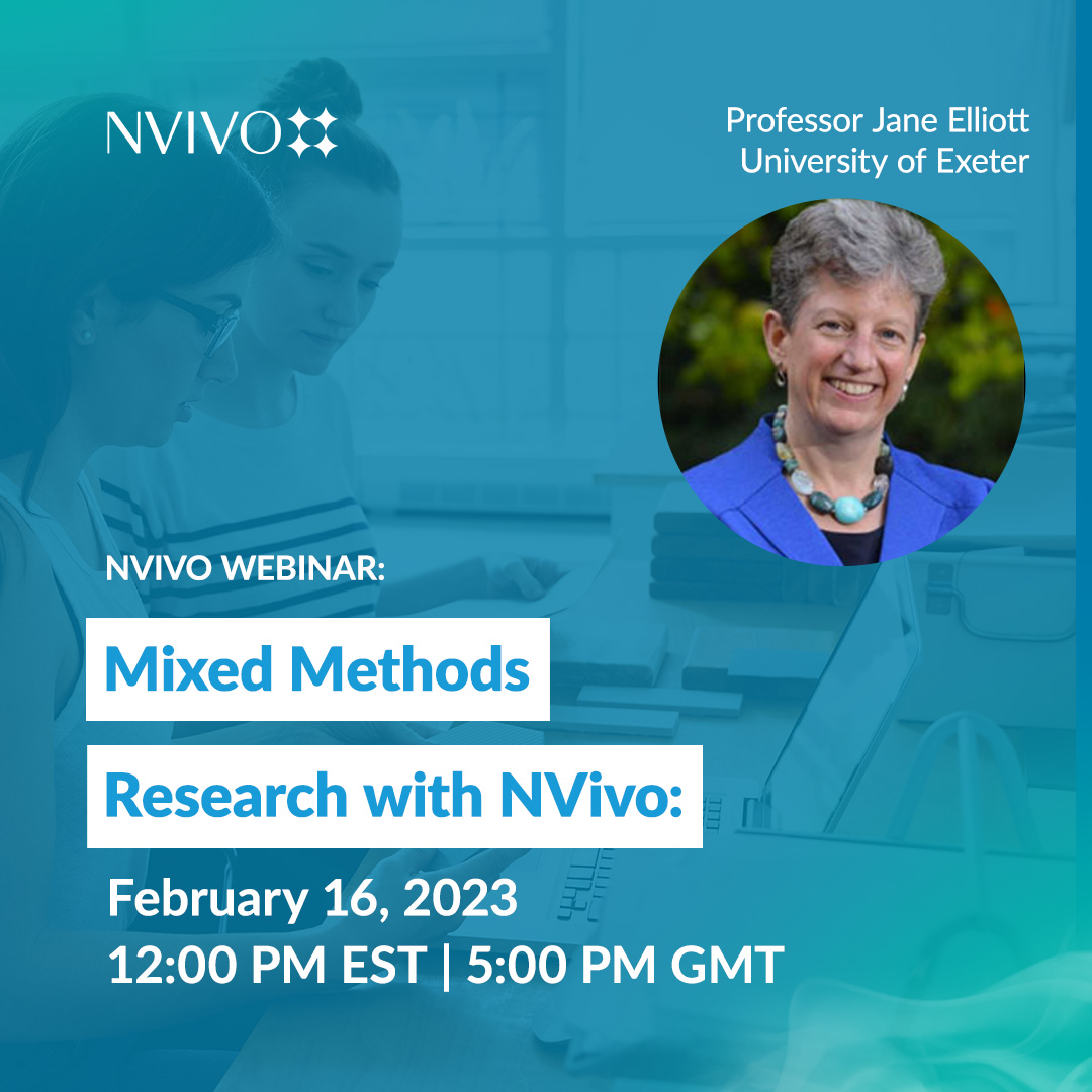 Join us for our next NVivo #livewebinar on February 16th at 12:00 P.M. EST presented by Jane Elliott. 🔥

This webinar is perfect for those looking to learn how to maximize the capabilities of NVivo for conducting #mixedmethodsresearch. 🧠

Sign up now! bit.ly/3lmQdat 👈