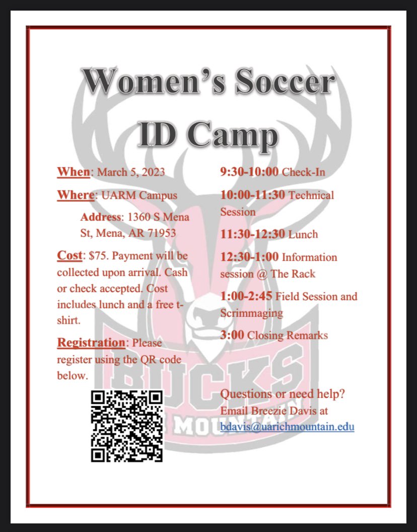 UARMSoccer's tweet photo. Save the dates ‼️ 

We’re hosting our FIRST EVER Spring ID Camps trying to spot some future Bucks 🦌

🗓️ Men’s Camp on February 26th
🗓️ Women’s Camp on March 5th 

Register now by scanning the QR code in the flyer! ⬇️

#BuckSoccer https://t.co/cdR2kZ7Q1H