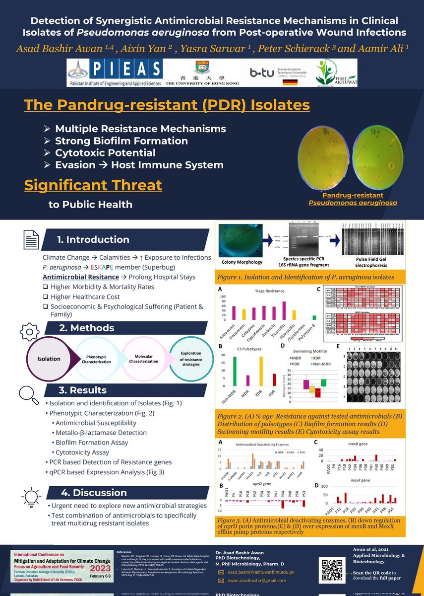 AsadBashirFIRST's tweet image. Presented poster at &quot;International Conference on Mitigation and Adaptation for Climate Change&quot; at @FCCollege Lahore.
Discussed how PDR (Pandrug-resistant) isolates can cause serious outbreaks during such calamities. Emphasized the importance of developing new combative strategies