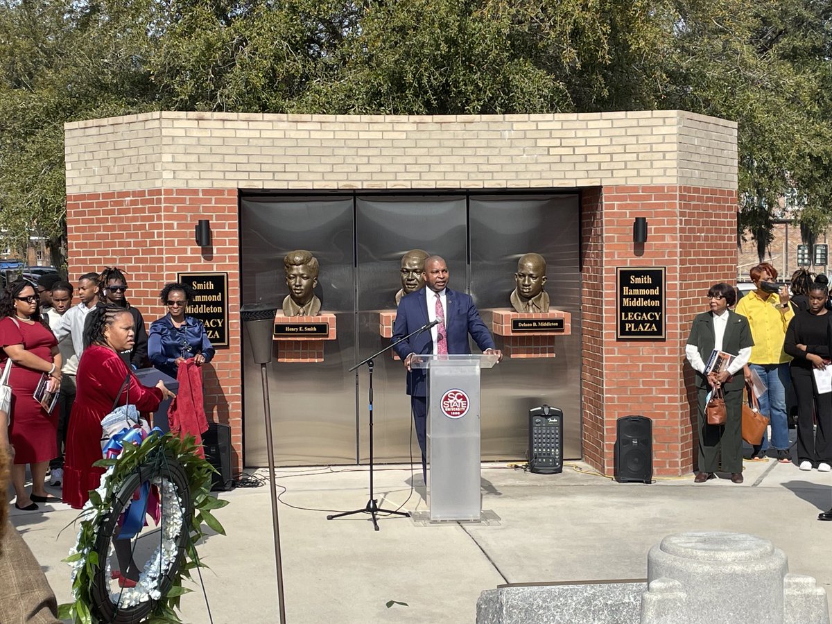 President (Retired Col.) Alexander Conyers speaking at The SMITH HAMMOND MIDDLETON LEGACY PLAZA on the campus of our alma mater ⁦@SCSTATE1896⁩. #OrangeburgMassacre