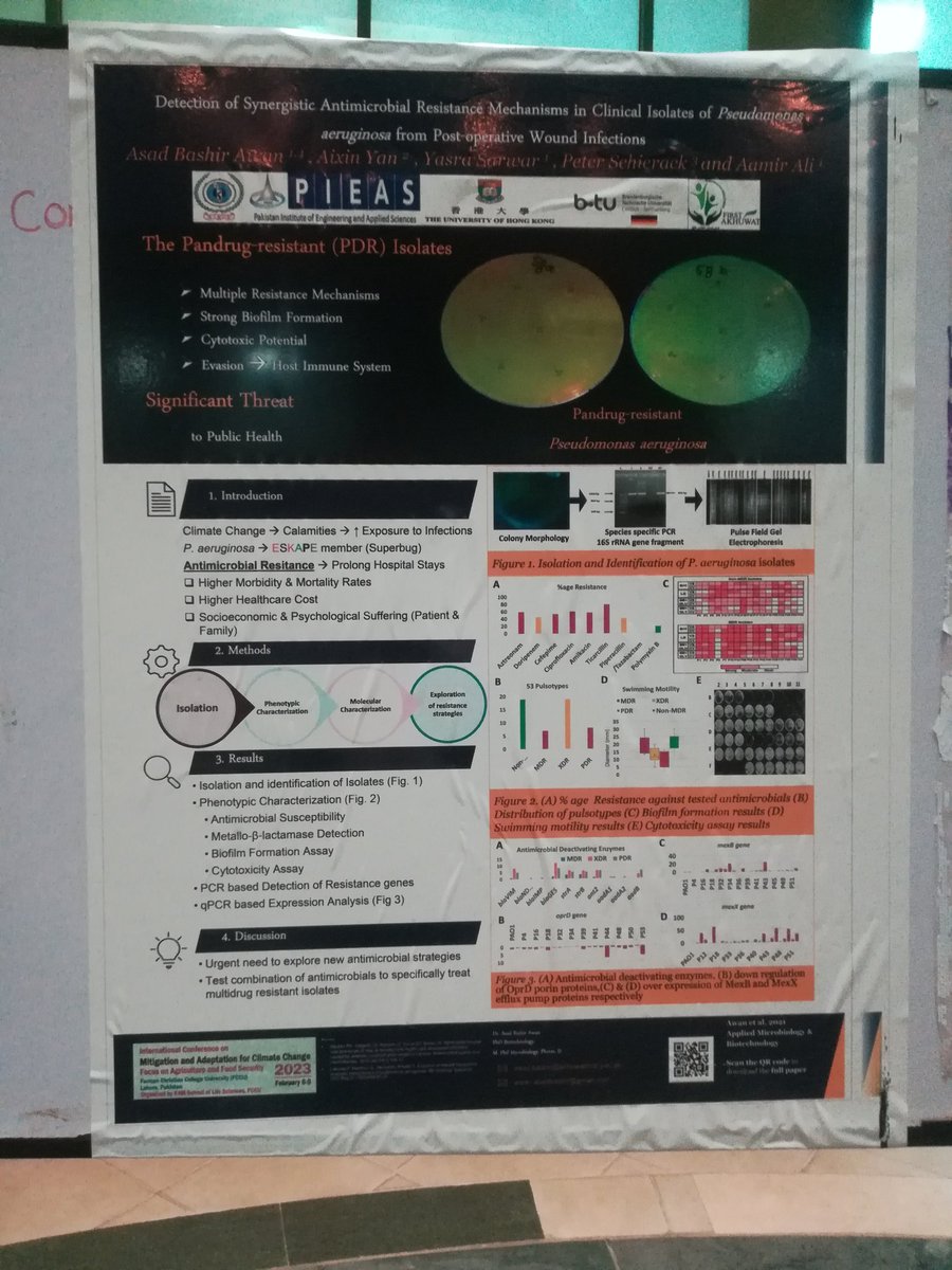AsadBashirFIRST's tweet image. Presented poster at &quot;International Conference on Mitigation and Adaptation for Climate Change&quot; at @FCCollege Lahore.
Discussed how PDR (Pandrug-resistant) isolates can cause serious outbreaks during such calamities. Emphasized the importance of developing new combative strategies