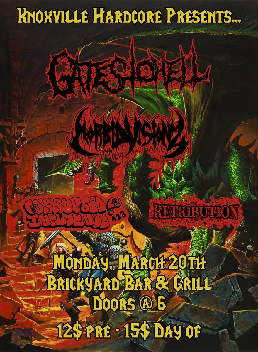 KnoxHardcore's tweet photo. Just Announced! 

For the Death Metal heads and the Mosherz. 

KHC is proud to bring you @Gates2Hell502 and @MorbidVisionzdm; with local support from @RetributionKYHC and @423CI. 

Knoxville x Chattanooga x Southeast KY round II. Roll out. Tickets availiable below. https://t.co/bNW0pgPnS0