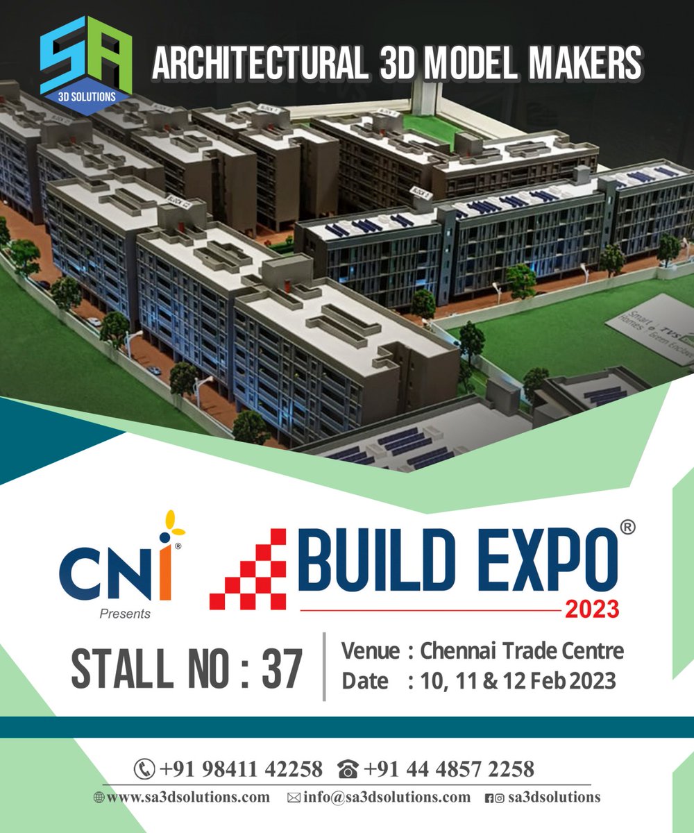 sa3dsolution's tweet photo. We are indulging in our presence at the build expo going to be held at Chennai trade center.

Welcoming all to witness our illustrative 3d model at stall no.37.

#3dmodel #stalls #event #buildexpo #chennai #expo #construction #realestate  #constructionsupplies #salesandmarketing https://t.co/IcWW4EXztp