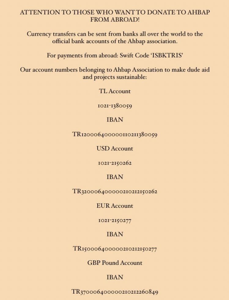 Thousands of people have died, injured, and are still in danger as a result of the earthquake. Even a little amount of help can make a huge difference. Please help them by spreading the word and sending donations if you are able

👉 ahbap.org/bagisci-ol

#ArmyAssembleForTurkey