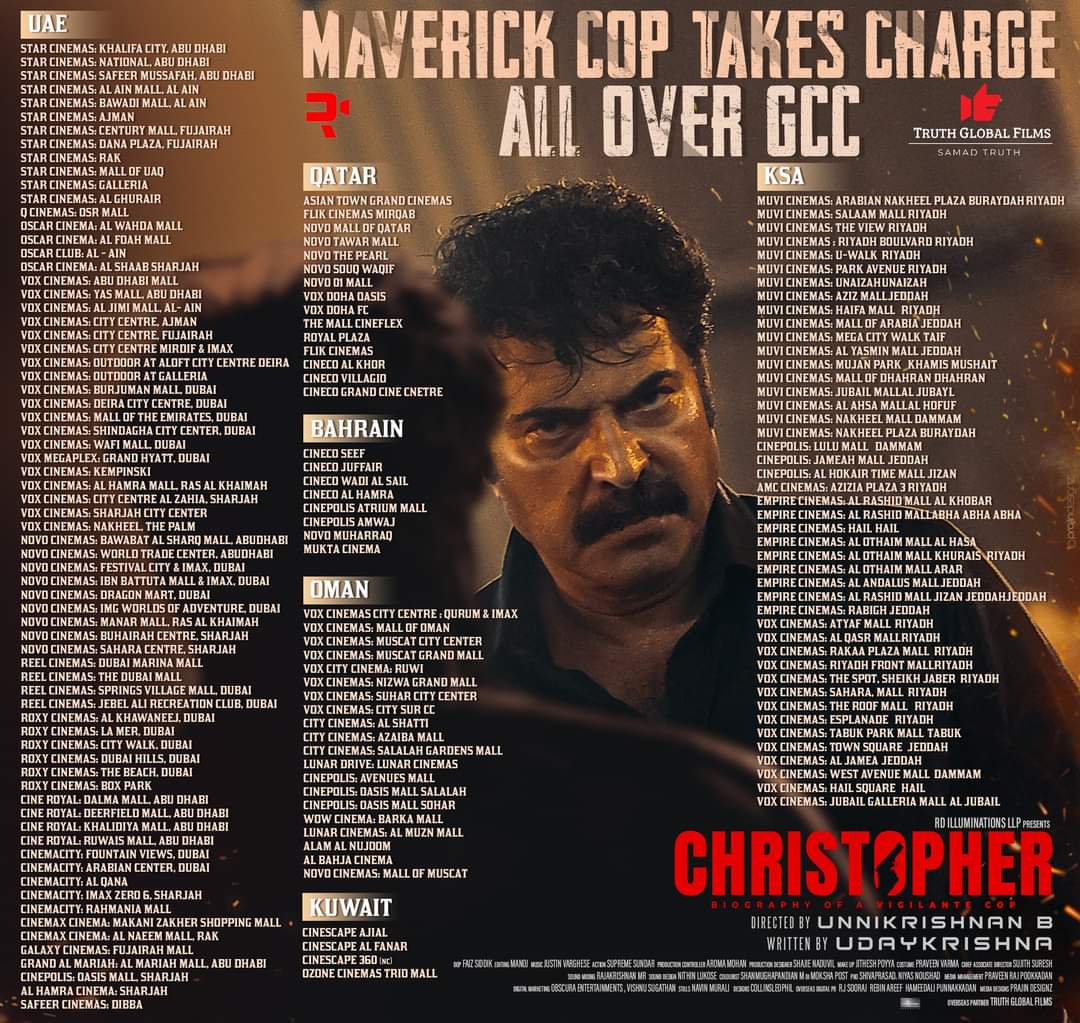 CineSafari's tweet photo. #Christopher All Time Record Release In UAE - GCC By @Truthglobalofcl 👏
@mammukka @unnikrishnanb @IlluminationsRd #Mammootty #ChristopherFromTomorrow https://t.co/WhfkgfVBhH