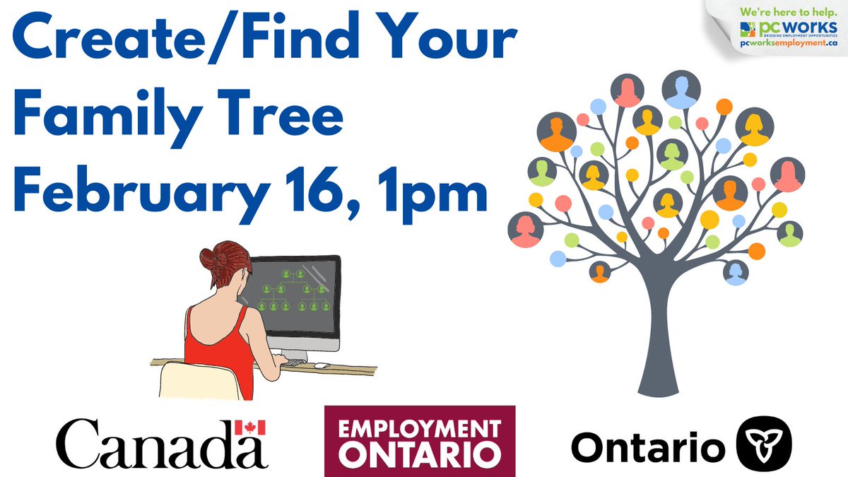 PCWorksEmploy's tweet image. Join our Thursday, February 16 1-3pm workshop to create a unique design that perfectly represents your family history. Learn how to use genealogy websites. Save your design or share it with your family! Register by calling 905-834-3629 ext. 293 or online: pcworksemployment.ca/event/create-f…