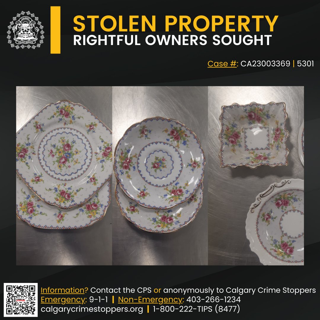 CalgaryPolice's tweet photo. Officers located property that is believed to be stolen. We are in search of the rightful owner and ask that they contact us and provide a detailed description.
If you believe you are the rightful owner of the china set, please contact us at 403-266-1234.
#yyc @CanStopCrime https://t.co/11rhV6GBnG
