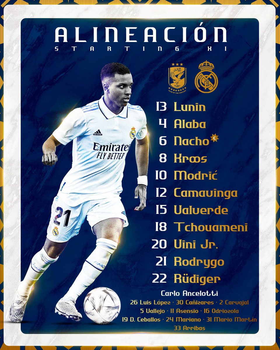 realmadrid's tweet photo. 📋✅ ¡Nuestro 𝗫𝗜 inicial 🆚 @AlAhly !
#ClubWC https://t.co/fFtKUMdRSA