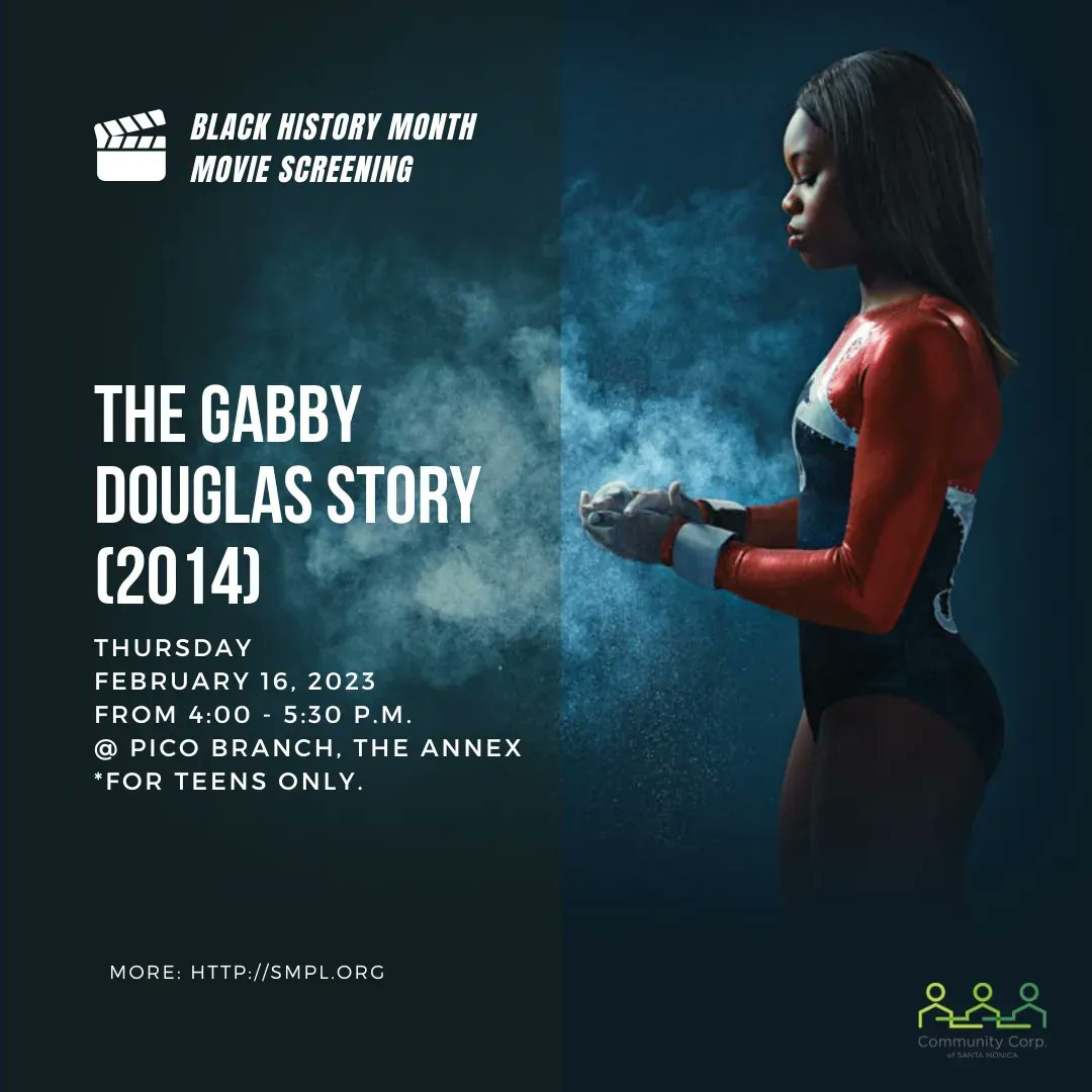 The @santamonicalibr is hosting a film screening of The Gabby Douglas Story for teens to enjoy next Thursday! For more information: santamonica.gov/events/4axwv2q… #BlackHistoryMonth #TheGabbyDouglasStory #MovieScreening