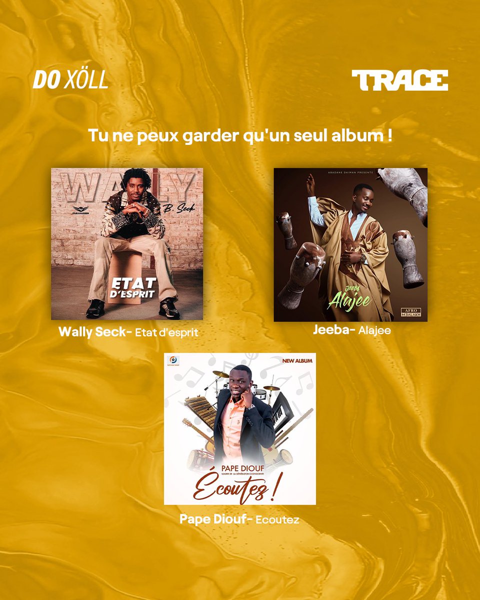 TraceSenegal's tweet photo. 2022 a été une année de singles et d’albums disparates mais dites-nous en commentaires qui choisiriez-vous entre @wallyseck27 , @jeebaabdn et @PapeDioufPDG ? 🙌🏽
#Trace_221 #Etatd’Esprit
#Alajee #Ecoutez #Premiersurleshits https://t.co/LL8CYOVxdu