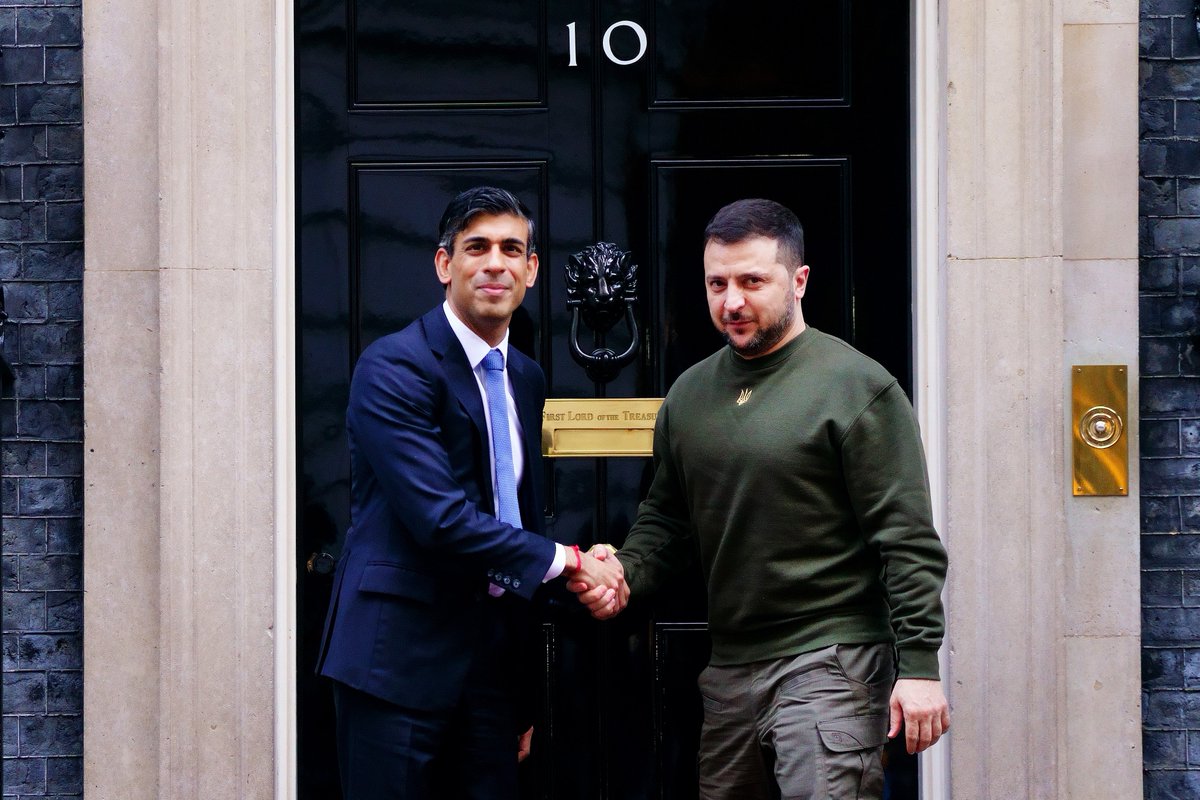 Prime Minister Rishi Sunak welcomes Ukrainian President Volodymyr Zelenskyy to Downing Street, London, during his first visit to the UK since the conflict in Ukraine began nearly a year ago.