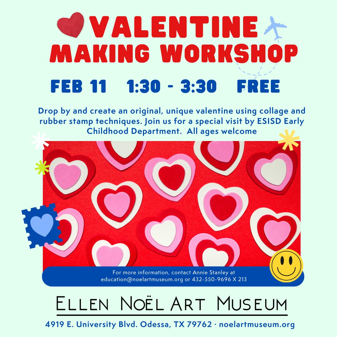 Have Valentines Day plans yet? No worries, ENAM has you covered! Join us on Saturday, Feb. 11th for our ✨💗 VALENTINE MAKING WORKSHOP 💗✨ STARTING AT 1:30 PM! All ages are welcome.

For more information, visit noelartmuseum.org
