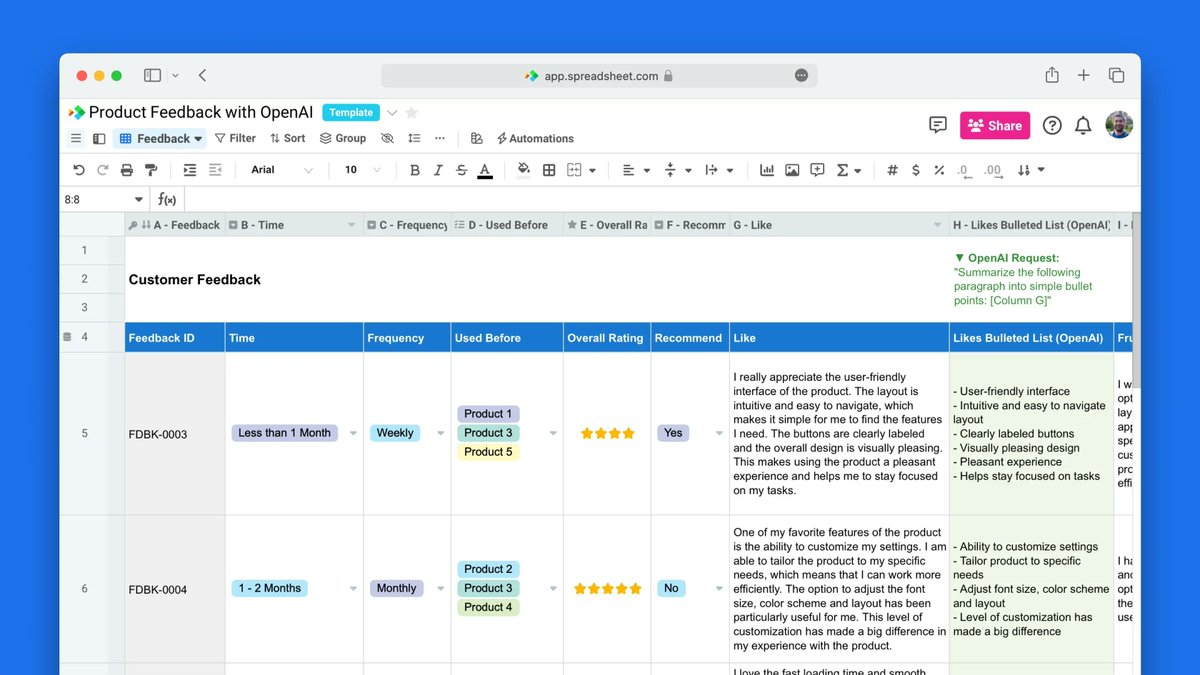 spreadsheetcom's tweet image. Check out how you can use Spreadsheet.​com&apos;s #OpenAI integration in our Product Feedback template to summarize user feedback into short bullet points. #getsheetdone buff.ly/3Y9JTkW