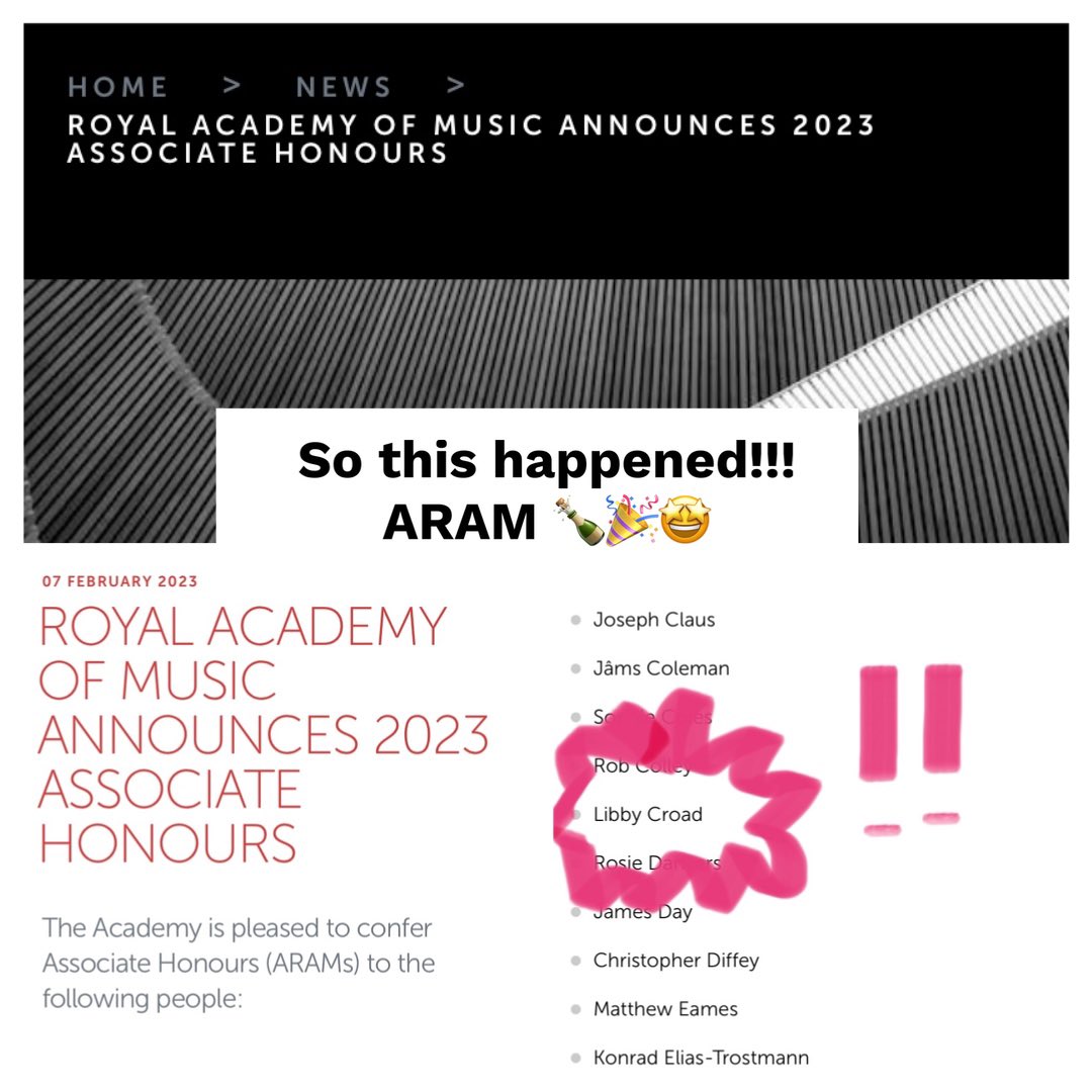 Eeeeeek! Very excited to have been recognised by the Royal Academy of Music  for an ARAM on their 2023 honours list! 🤩
#composer #femalecomposer #lifegoals #musicismylife #honours #classicalcomposer #musiccomposition 
#womencomposers #classicalmusic