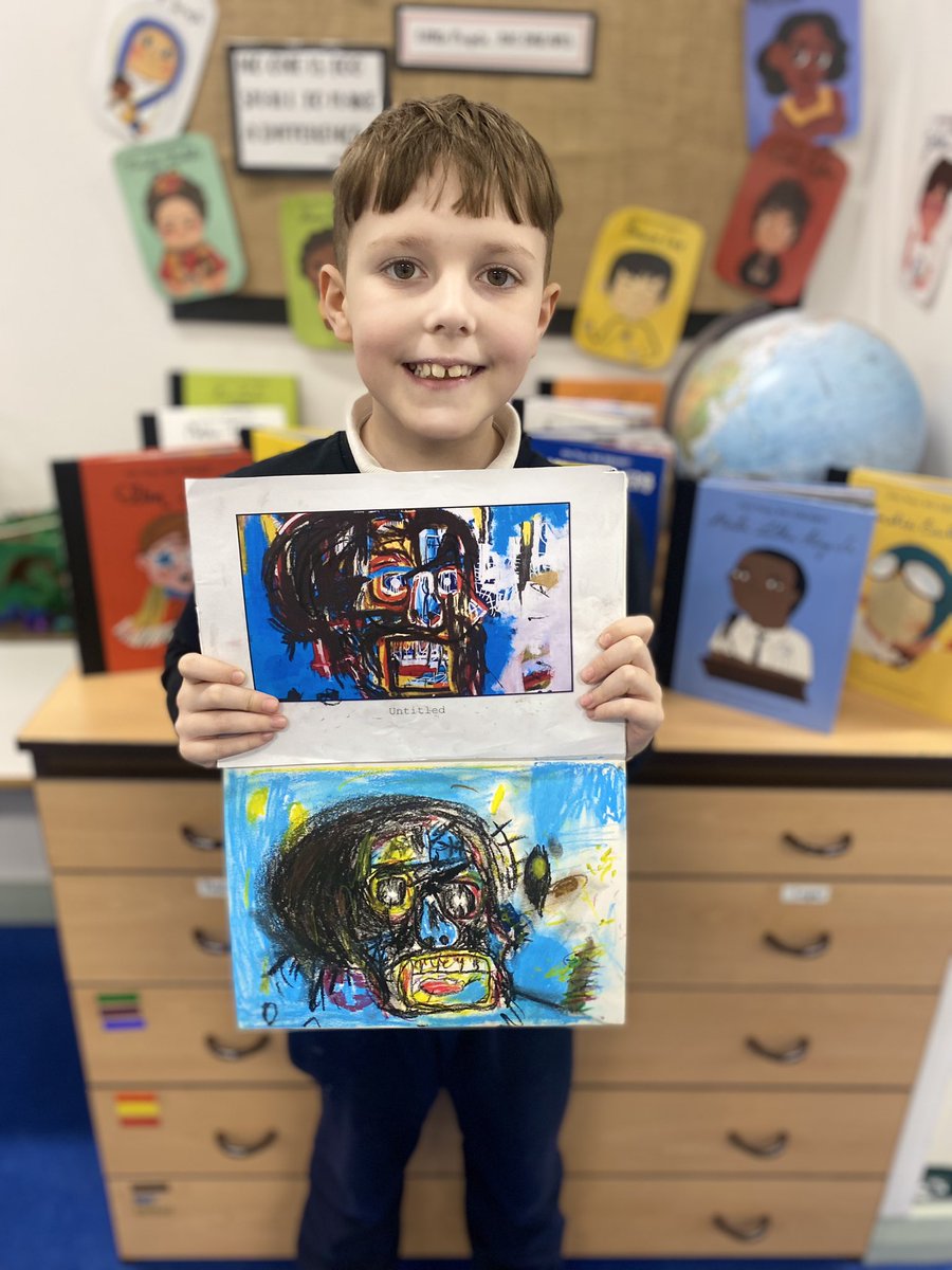 BirchwoodCE's tweet photo. 👨🎨Just look at the artistic talent from one of our Year 5 pupils! His own recreation of one of Jean-Michel Basquiat’s pieces of artwork. We really can’t see the difference between the original piece and the child’s work! Just amazing! The smile says it all! #bcepsart #bcepsyear5 https://t.co/FM4uuTj6C7