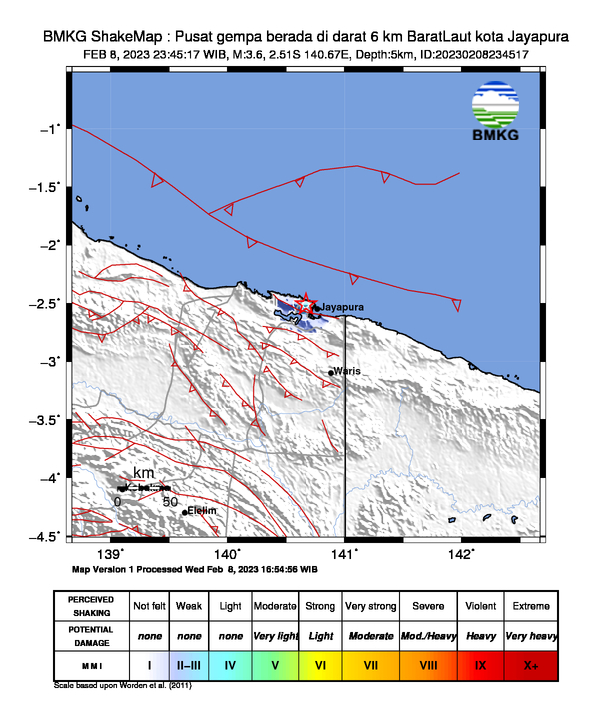 infoBMKG's tweet photo. #Gempa (UPDATE) Mag:3.6, 08-Feb-23 23:45:17 WIB, Lok:2.51 LS, 140.67 BT (Pusat gempa berada di darat 6 km BaratLaut kota Jayapura), Kedlmn:5 Km Dirasakan (MMI) III Jayapura #BMKG https://t.co/ivemtdiV2x