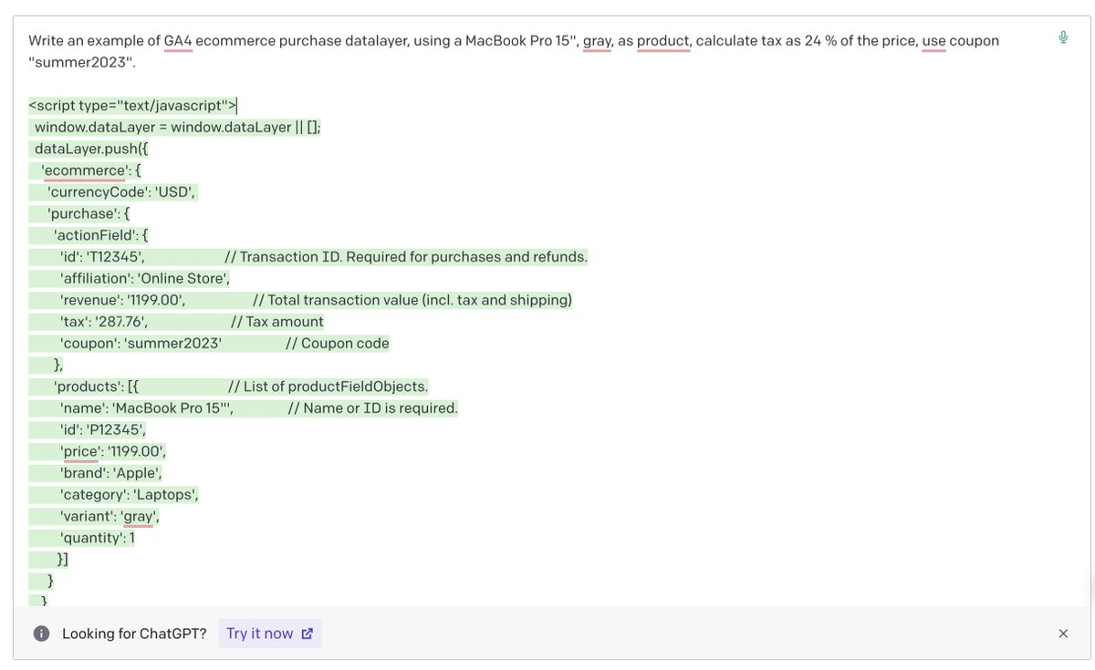 mikkopiippo's tweet photo. If there is something I don't like, it is writing dataLayer specs. #chatGPT #GA4 #gtm https://t.co/SchnVuufCA