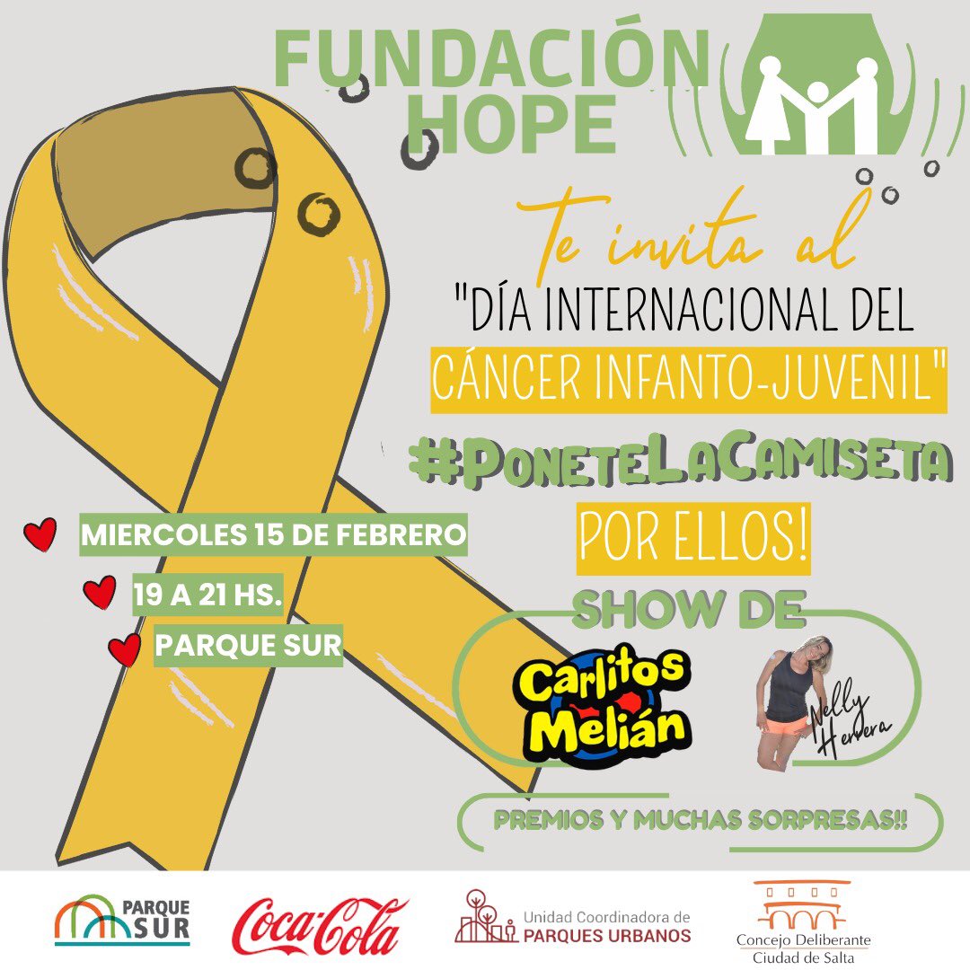 raquelcolque's tweet photo. 🎗️15 de Febrero “Día Internacional del Cáncer Infanto-Juvenil”🎗️
Te invitamos a pasar una tarde con familia y amigos en el Parque Sur de 19 a 21 hs. 
Una jornada para visibilizar y concientizar sobre el Cáncer Infanto Juvenil. Recordar vestir una prenda blanca en apoyo a ellos ❤️ https://t.co/YoiwoeNY8l