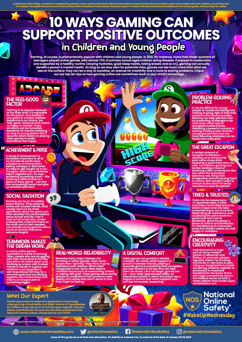 Have a look at these 10 ways gaming can support positive outcomes. This handy guide explains how safe and healthy gaming might actually have some benefit for young minds.