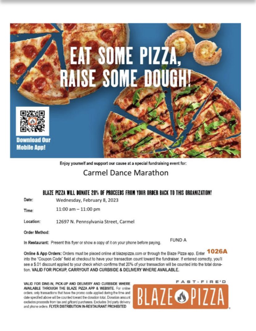 Show this flyer at Blaze Pizza today 11-11 to support Riley Children’s Hospital!!