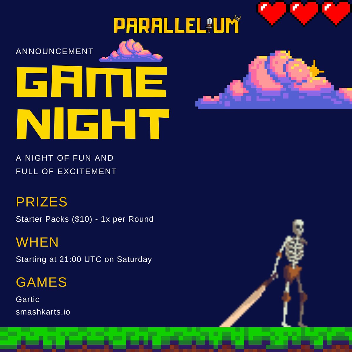 🎮🌃   Game Night Announcement 

We're inviting all Mages, Warriors, Alchemists, Bounty Hunters, Blacksmiths, everyone - even goblins, to hang out with us and play some fun games this Saturday!

Win and get rewarded. Register now: dsc.gg/parallelium

#web3 #BlockchainGaming