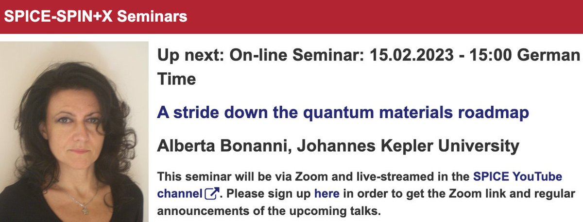 SPICE_Mainz's tweet image. Talk on Wed. at 15:00, February 15th, by Alberta Bonanni at the @SPICE_Mainz - @spin_plus_x seminars - A stride down the quantum materials roadmap - spice.uni-mainz.de/2023/01/02/289… by Zoom-Webinar or live on #SPICEYouTube