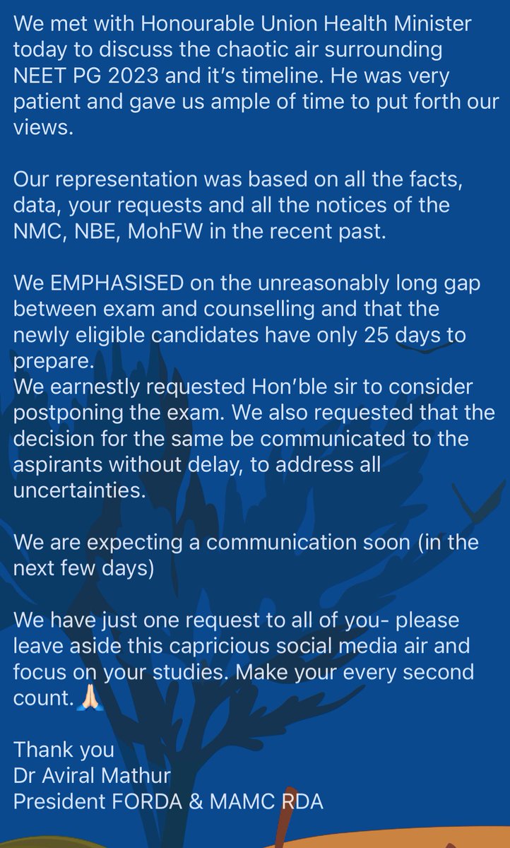 draviralmathur's tweet photo. Here is my personal statement. We went there to put your interests across the table and discuss them. 

I reiterate- please focus on your studies.  Nothing holds more value over that. 

Love and bests 🙏🏻💕
#NEETPG2023 @FordaIndia @DrPandeyRML https://t.co/DwVolM76FV
