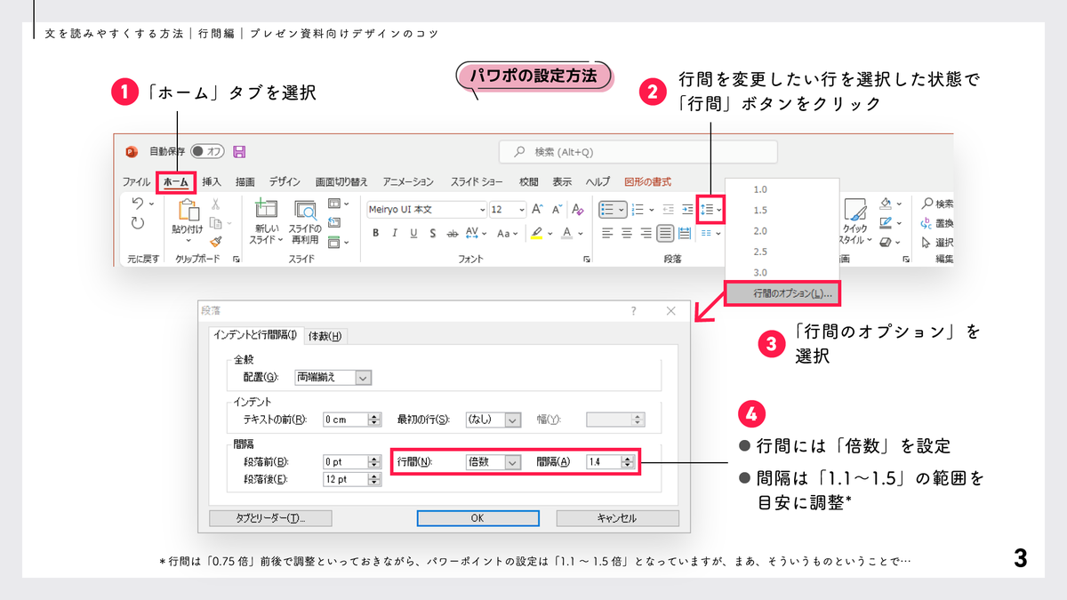 presen_design's tweet photo. 【 再掲 】文を読みやすくする方法 ― 行間編 ―｜プレゼン資料向けデザインのコツ https://t.co/3gNYFHJCqV