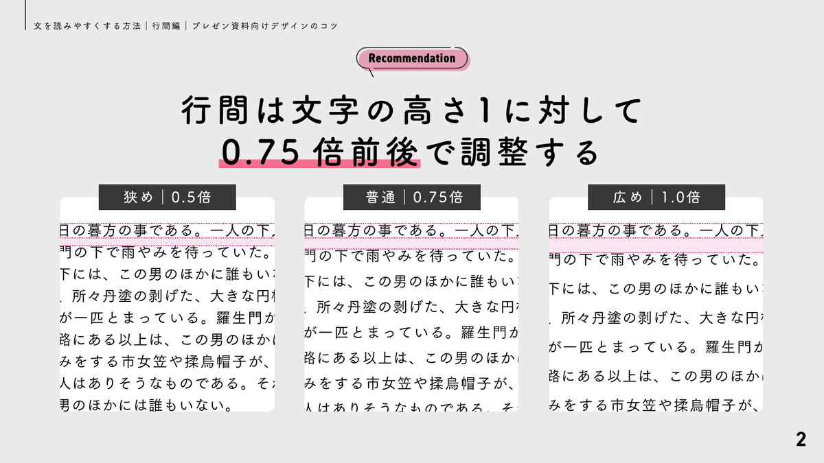 presen_design's tweet photo. 【 再掲 】文を読みやすくする方法 ― 行間編 ―｜プレゼン資料向けデザインのコツ https://t.co/3gNYFHJCqV