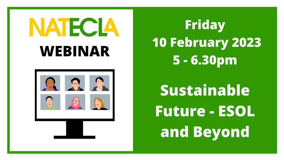 NATECLA's tweet photo. Have you booked to join Carol Samlal @CarolS_74 for her webinar about #Sustainability on 10 Feb at 5pm?
Learn what you can do in your #ESOL lessons to make a difference!
More information and booking here https://t.co/eso0OF0e72
Only Β£5 for #NATECLA members https://t.co/1pdVicyHlb