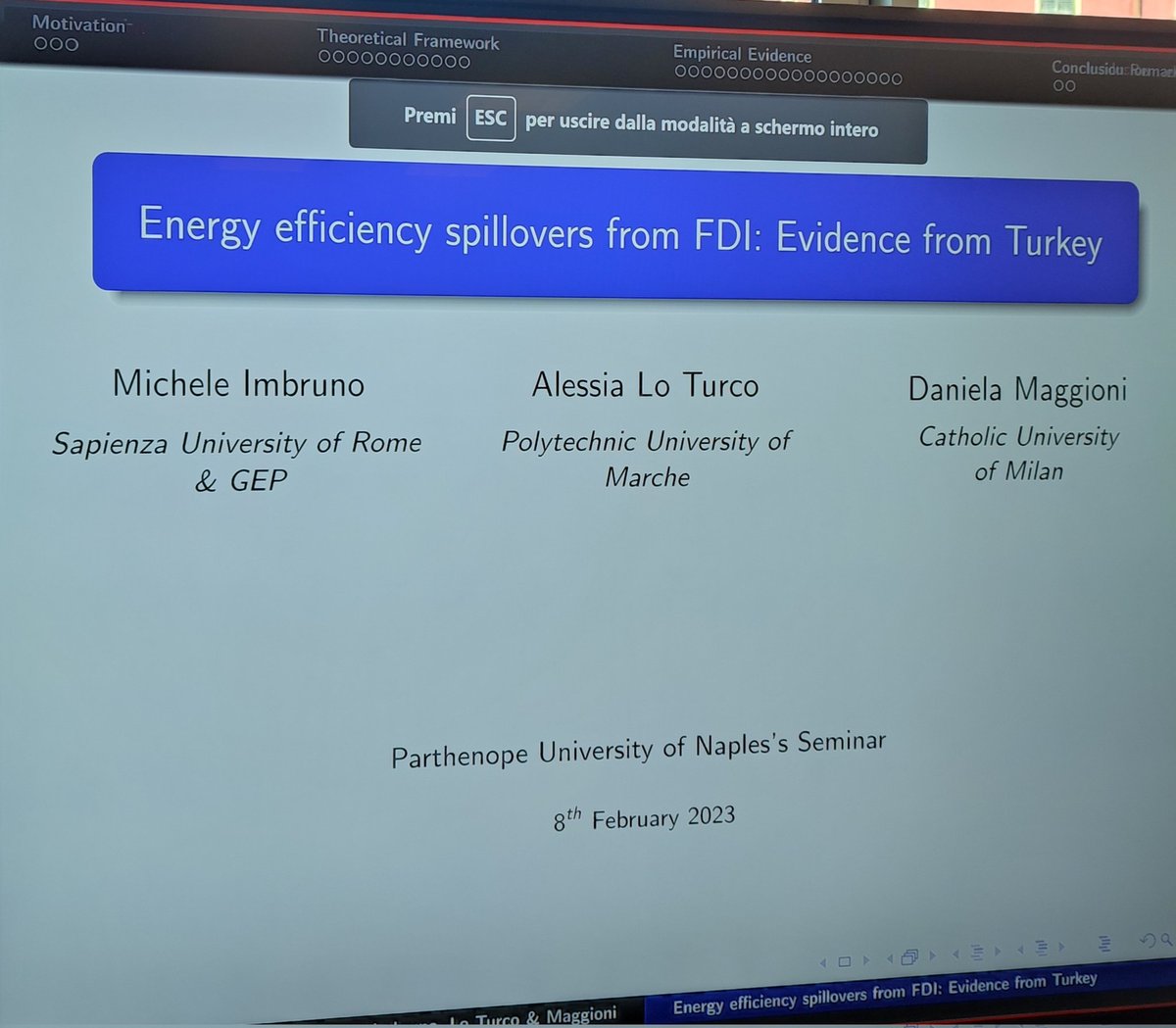 DISAEparthenope's tweet photo. 🗓️#Today Thank you Michele Imbruno for your talk on "Energy efficiency spillovers from FDI: Evidence from Turkey" #DISAE #Economics #Seminars @Uniparthenope https://t.co/OxXp8giswf