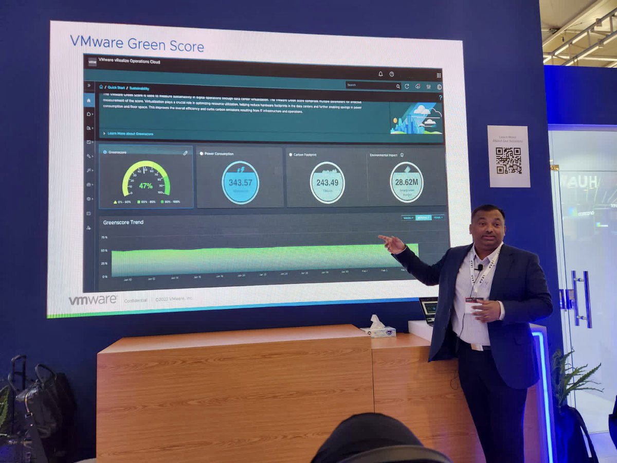 VPhilipose's tweet photo. Had a great opportunity to present #VMware #ESG, #Sustainability dashboards in @VMwareAriaOps  at @LEAPandInnovate #Riyadh in #VMware booth .. #Greenscore to help track decarbonization journey !! #Saudi2030vision #netzero #VMwareCXS #VMware_ME #vExpert https://t.co/63zetpIYJN