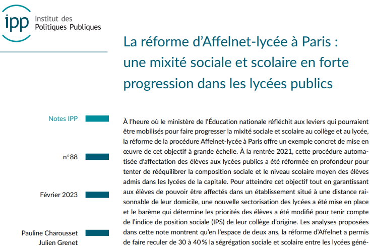 IPPinfo's tweet image. 🚨 L'IPP publie aujourd'hui deux notes IPP relatives à la réforme #Affelnet-#lycée à Paris 🚨
Les auteurs, Julien Grenet et Pauline Charousset, évaluent les effets de cette réforme sur les compositions sociales, scolaires et les performances des lycées.