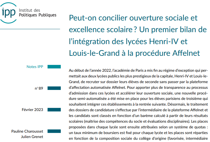 IPPinfo's tweet image. 🚨 L'IPP publie aujourd'hui deux notes IPP relatives à la réforme #Affelnet-#lycée à Paris 🚨
Les auteurs, Julien Grenet et Pauline Charousset, évaluent les effets de cette réforme sur les compositions sociales, scolaires et les performances des lycées.