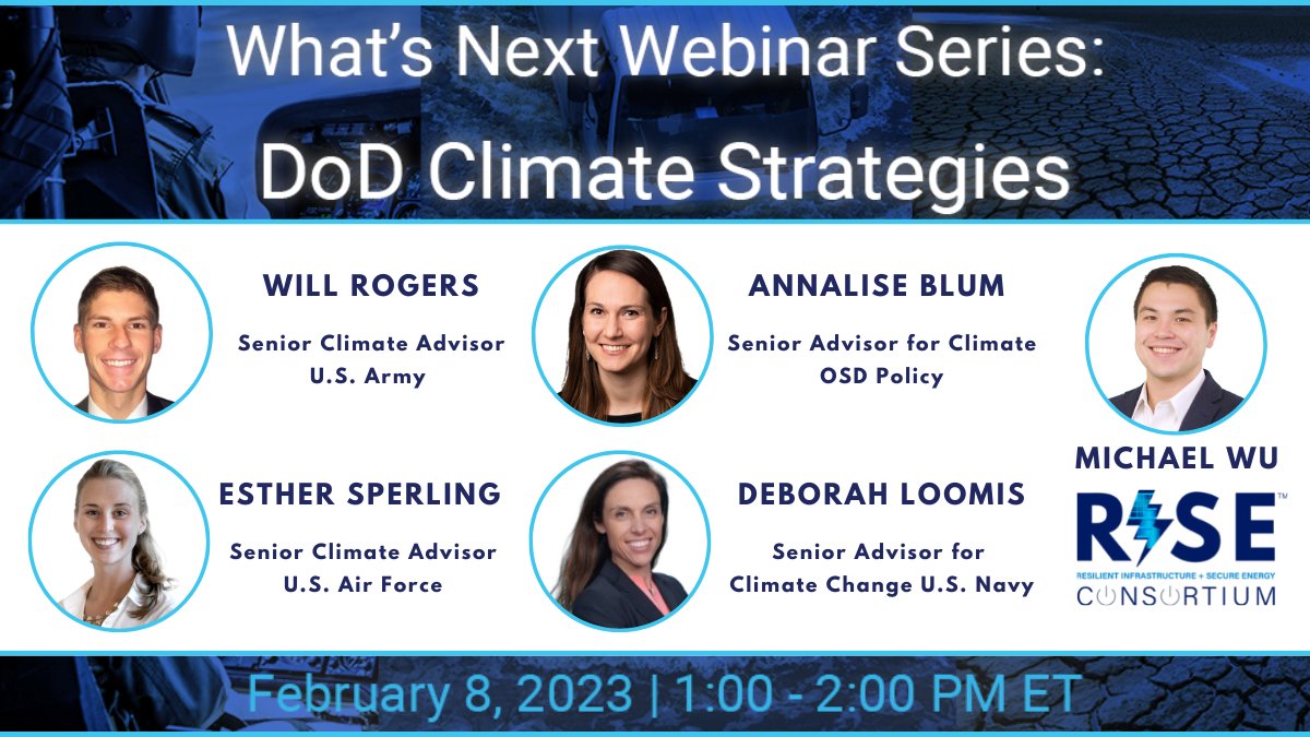 RISE_Consortium's tweet photo. TODAY @ 1 PM ET Join us for a conversation with ⬇️ senior @DeptofDefense #climate officials

⚡️Will Rogers @USArmy
⚡️Esther Sperling @usairforce
⚡️Annalise Blum OSD Policy
⚡️Deborah Loomis @USNavy
⚡️Michael Wu @RISE_Consortium    @CnvrgStrategies

Register https://t.co/ITT0lB25NT https://t.co/pZ6HRKwMEq