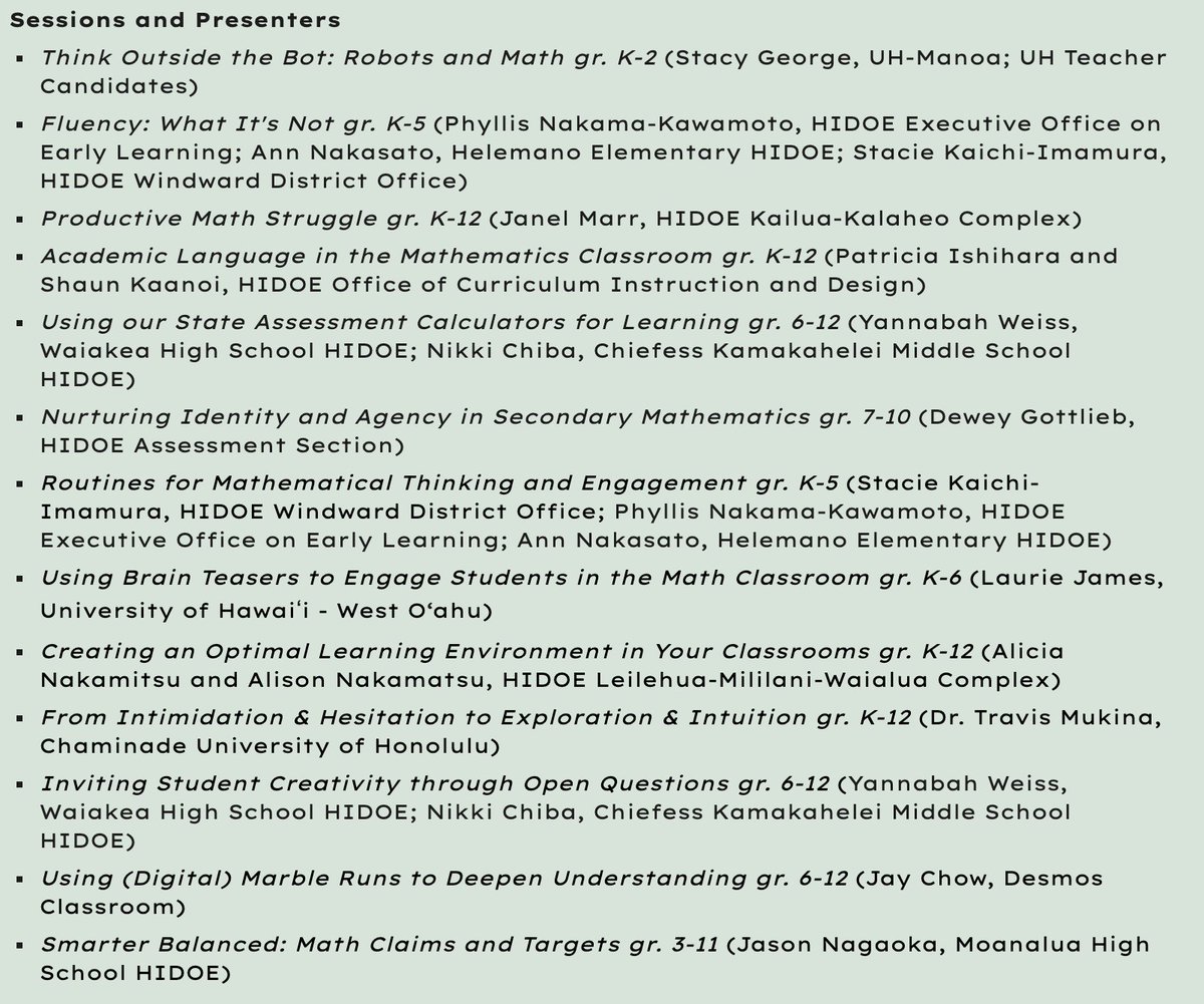 Joseph Manfre (@mathmanfre) on Twitter photo Just registered! Now the hard part. Choosing which session to attend from these options...
<a href="/hiMATHgirl/">Stacie Kaichi-Imamura, NBCT</a>
<a href="/WindwardCTE/">Windward CTE</a>
@yannabahweiss
@dewgott
<a href="/mrchowmath/">Jay Chow</a> Just registered! Now the hard part. Choosing which session to attend from these options...
<a href="/hiMATHgirl/">Stacie Kaichi-Imamura, NBCT</a>
<a href="/WindwardCTE/">Windward CTE</a>
@yannabahweiss
@dewgott
<a href="/mrchowmath/">Jay Chow</a>