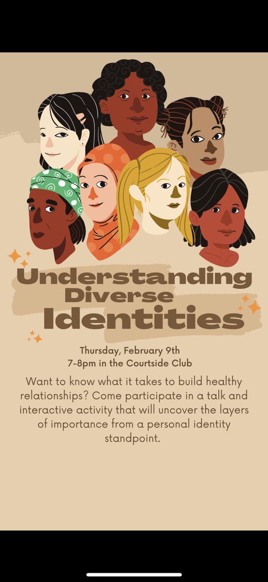 Join us tomorrow from 7-8pm in the Courtside Club for a discussion surrounding diversity within identity! 

This session will help us understand the value and significance of other identities in our communities besides our own🤝