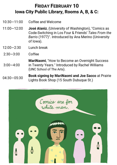 ComicsReckoning's tweet photo. Check out the amazing schedule we've prepared for the next 3 days! https://t.co/RzqtBHyHwR @ObermannCenter @uiowa @uiowaIMU @UILibraries @ICPL @Prairie_Lights @TeresaMangum #RacialReckoningComics #UI_RaceComics https://t.co/uRcfDC44O8