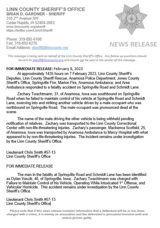 LinnCountySheriff on Twitter "Update Fatal Accident Springville Road
