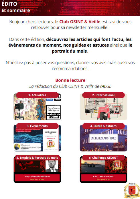 🕵️‍♂️OSINT

Retrouvez le <a href="/magosint/">MAGOSINT</a>  #12, la newsletter de février du Club Osint &amp; Veille de l'<a href="/aege/">AEGE</a> !
aege.fr/news/mag-osint…